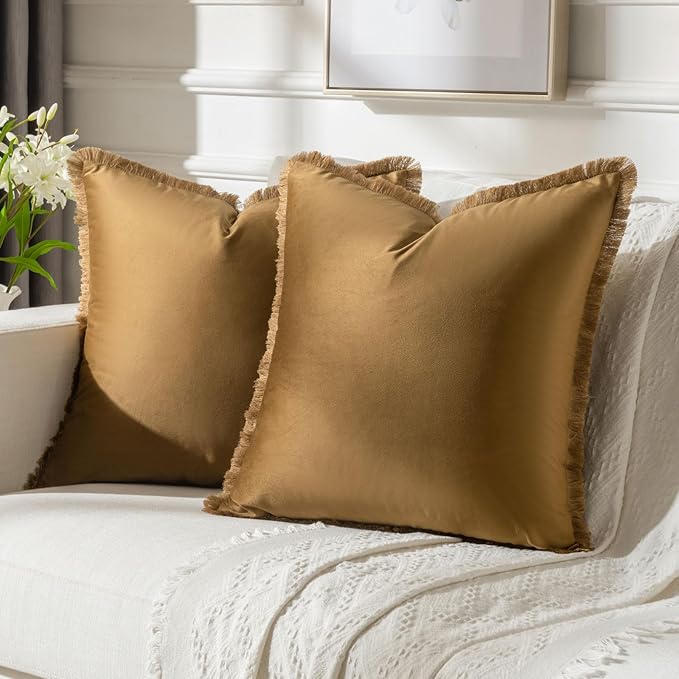 FUTEI Brown Velvet Decorative Throw Pillow Covers 20x20 Set of 2,Soft Cozy Edge with Tassels Cushion Case,Boho Modern Home Decor for Couch Bed Living Room