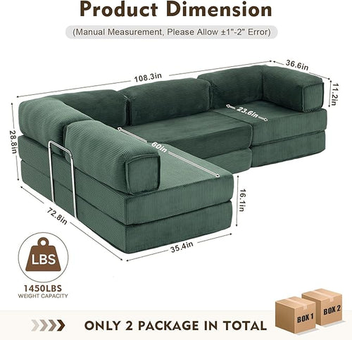 108" L Shaped Couch, Modular Sectional Sofa with Chaise, Cloud Boneless Couch with Deep Seat & Removable Pillow for Living Room, Bedroom,No Assembly Required（Dark Green）