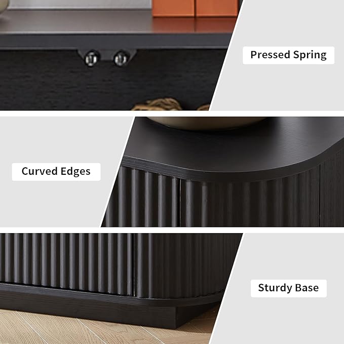 LKTART 64" Sideboard Buffet Cabinet with Storage, Wooden Fluted Storage Cabinet Sideboard Credenza with Adjustable Shelves Pressed Spring for Kitchen Living Room (Black Gray)
