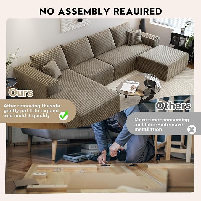 135.4" Cloud Sectional Couch with 1 Ottoman,Modern Modular Sofa with Deep Seat, Comfort U Shaped Sofa Couches for Living Room Bedroom Apartments,No Assembly Required, (Camel,Left Facing Chaise)