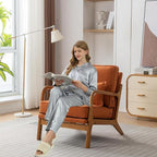 Mid-Century Accent Chair Set of 2,Linen Fabric Lounge Chair with Wide Armrest,Linen Fabric Armchair withLumbar Pillow & Solid Wood Frame for Living Room, Bedroom, Balcony(Orange)