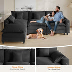 Cloud Couch, Modular Sectional Sofa with Ottoman, Charging Station, Throw Pillows, Cup Holders, Modern Convertible L Shaped Couches for Living Room, Bedroom (Classic Black, 116"- L Shape)