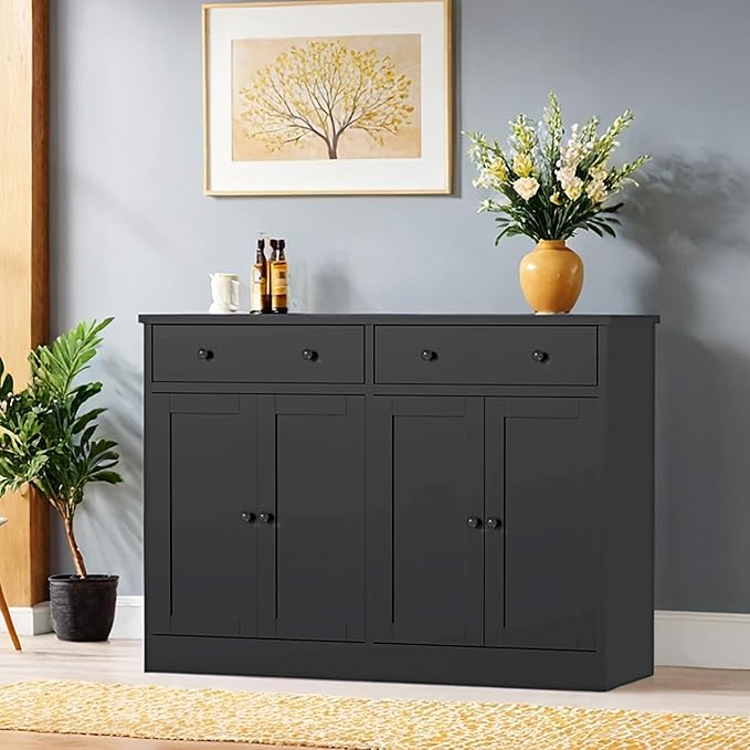 49" Black Buffet Cabinet with Doors & Drawers, Modern Kitchen Storage Sideboard, Coffee Bar Console for Dining Room, Living Room, Entryway