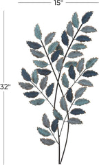 Deco 79 Metal Leaf Home Wall Decor Wall Sculpture with Gold Accents, Wall Art 15" x 1" x 32", Blue