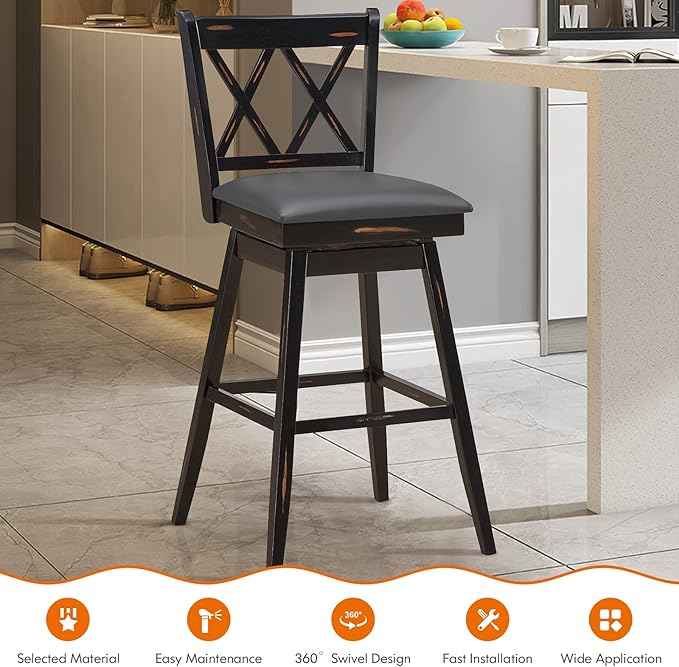 COSTWAY Bar Stool Set of 2, 360 ° Swivel Bar Height 29.5 inch Bar Stool with Foot Rest Upholstered Cushion & Ergonomic Backrest, Sturdy Frame, for Pub, Restaurant, Home (2, Black + Grey)