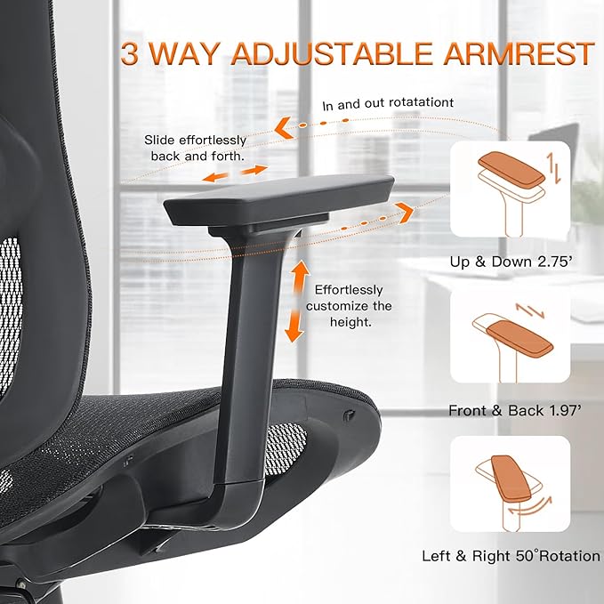 Ergonomic Office Chair with Lumbar Support, 3D Adjustable Armrest, Mesh Home Office Desk Chairs, Swivel Computer Chair, High Back Reclining Executive Office Chair,400lbs Capacity (Black)