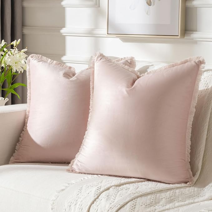 FUTEI Pink Velvet Decorative Throw Pillow Covers 24x24 Set of 2,Soft Cozy Edge with Tassels European Cushion Case,Boho Modern Home Decor for Couch Bed Living Room