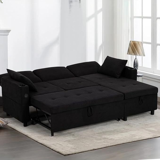 84" Sectional Pull Out Sofa Bed with Adjustable Backrests, L-Shaped Sleeper Sofa with USB Ports, Upholstered Reversible Couch with Cup Holder & Storage Space for Living Room, House, Black