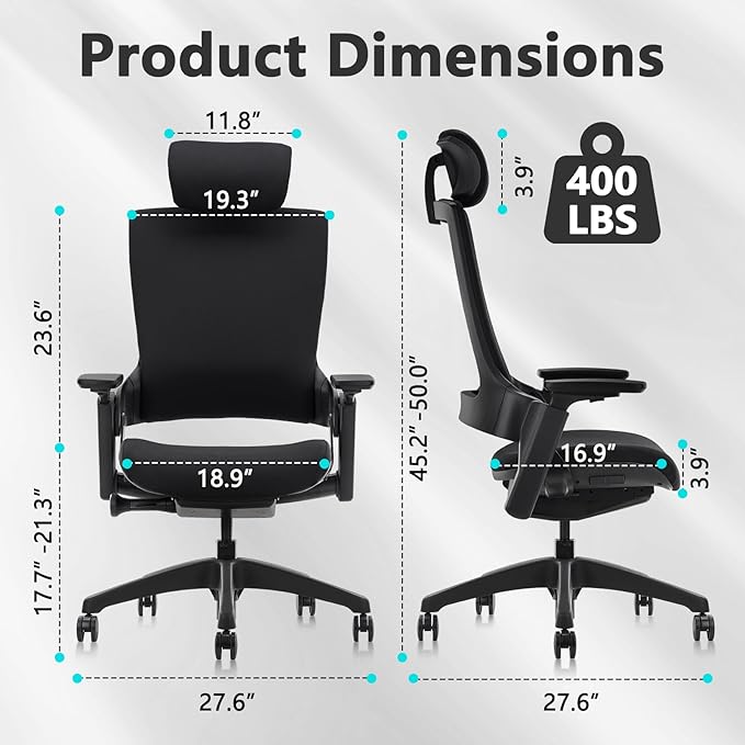 CLATINA Ergonomic High Swivel Executive Chair with Adjustable Height Head 3D Arm Rest Lumbar Support and Upholstered Back for Home Office Black