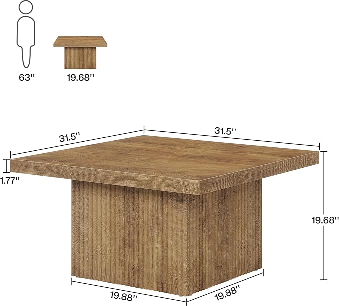 Tribesigns Square Coffee Table, 31.5-Inch Fluted Coffee Table, Mid-Century Modern Living Room Table, Large Cocktail Table for Living Room, Easy Assembly, Yellow
