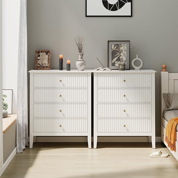 White Fluted 4 Drawer Dresser Set of 2 for Bedroom, Modern Chest of Drawers, Wood Dresser for Storage Clothes, Wooden Storage Cabinet Nightstand for Bedroom, Hallway, Living Room, Entryway