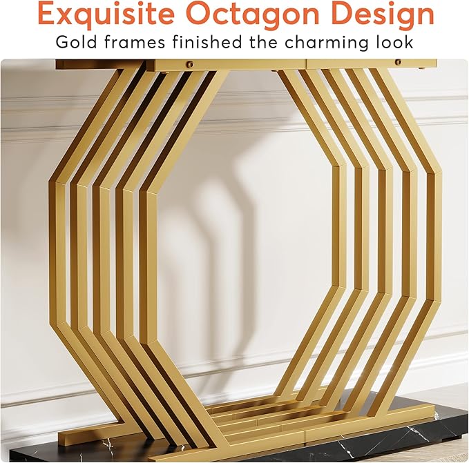 Tribesigns Gold Console Table, Faux Marble Entryway Table Narrow Sofa Table with Geometric Metal Base, 40 Inch Modern Accent Table Entrance Table for Living Room, Hallway, Foyer, Black