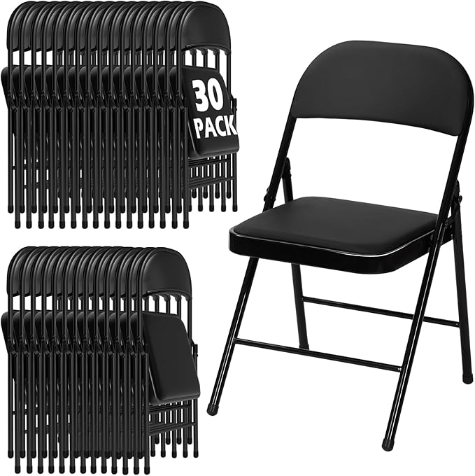 30 Pack Black Folding Chairs with Padded Cushion for Outside, Portable Stackable Commercial Metal Foldable Chairs with Steel Frame for Home Events Office Wedding Party, 350lbs Capacity