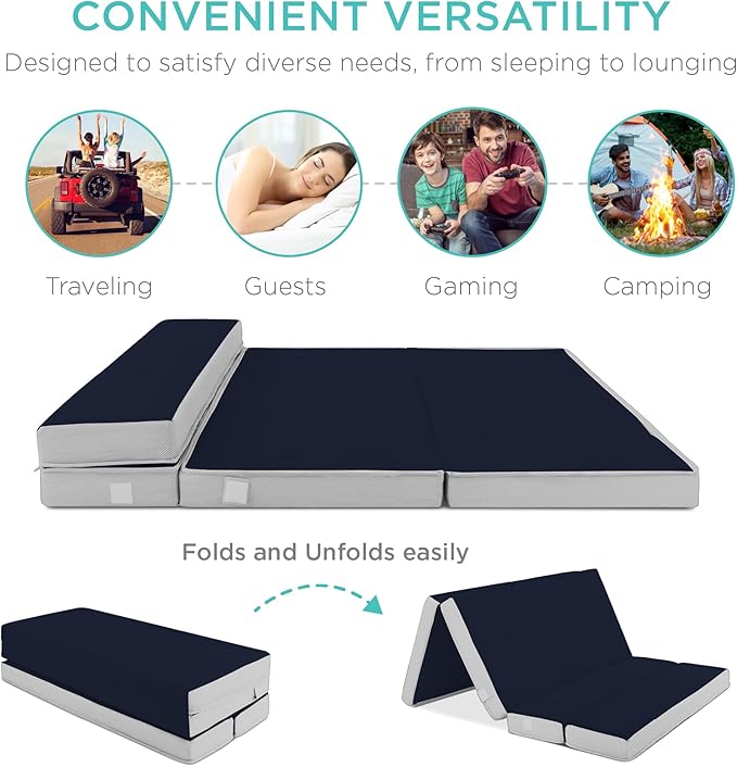 Best Choice Products 4in Portable Full-Size Mattress, Tri-Fold Mattress for Camping, Guest, Toddler, Foam Plush w/Carry Case - Midnight Blue