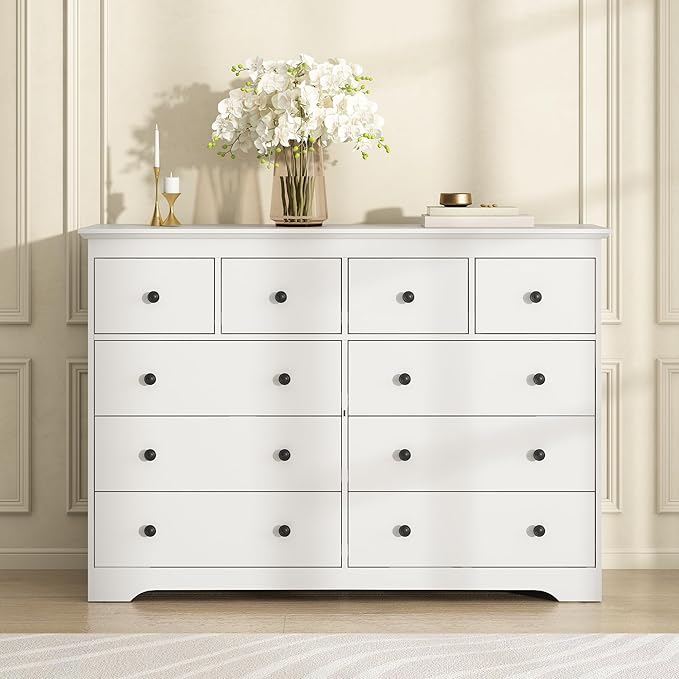 White Dresser for Bedroom, 10 Drawer Dresser with Large Drawers, 55 Inch Wide Wood Chest for Living Room, Hallway