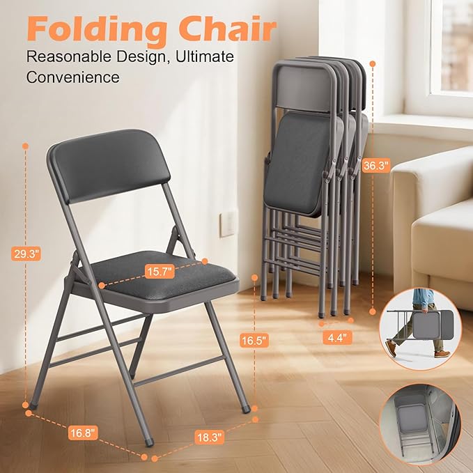 Commercial Grade Folding Chair with Padded Fabric Cushion（16"X16" |Double-hinged Legs Luxury Style|4.5kg Capacity Max Weight 150Kg for Home and Office,Indoor and Outdoor Events (2, PU-Gray)