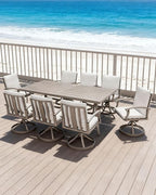 9-Piece Patio Dining Set for 8, Aluminum Outdoor Swivel Dining Set with Cushions, Outdoor Dining Set with Umbrella Hole, Patio Table and Chairs Furniture Sets for Deck, Garden Yard, Limed Oak