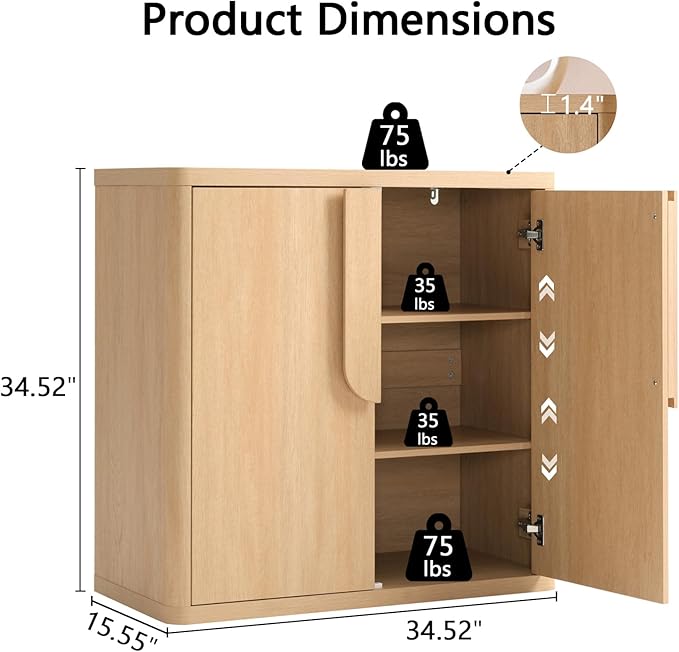 34.5'' Sideboard Buffet Cabinet W/Storage, Modern Accent Cabinets W/Curved Handles & Adjustable Shelves, 2 Doors Coffee Bar Buffet Table Credenza for Living Room Kitchen Hallway, Natural
