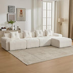 129.23”Modular Sectional Couch for Living Room, Modren L-Shape Cloud Sectional 4-Seater Sofa with Movable Ottoman, Woven Texture Upholstery Boneless Couch, No Assembly, Beige