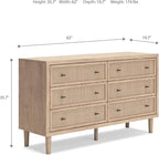 Signature Design by Ashley Cielden Coastal 6-Drawer Dresser, Bronze-Tone Knobs, Safety Stop, Textured Cane Details, 62.01" W x 19.65" D x 35.67" H, Light Brown