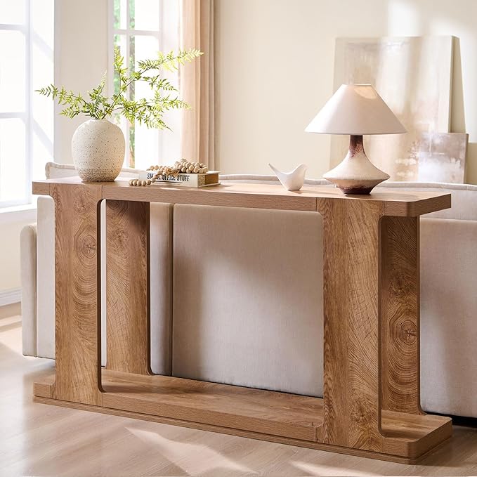 OKD 63 Inch Modern Entryway Console Table, 2-Tier Long Sofa Table Behind Couch with Curved Edge, Wood Farmhouse Narrow Entry Table for Hallway, Living Room, Foyer, Entrance, Light Tree Knot