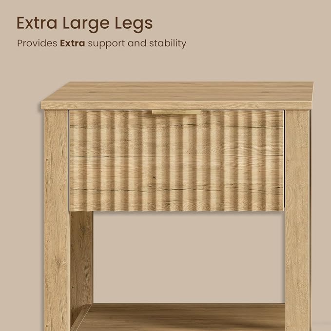Fluted Night Stand with Golden Handle,Mid-Century Nightstands with Drawer,Modern Bedside Table with Storage Shelf,Large End Tables for Livingroom,Bed Side Tables for Bedroom,Natural Oak