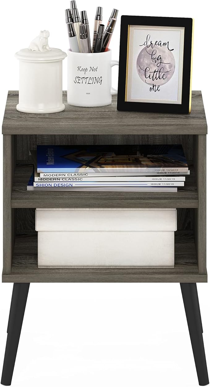 Furinno Claude Side Table, 2-Tier Square End Table with Wooden Legs, Open Shelf Night Stand, Bedside Table, for Living Room, Bedroom, French Oak Grey