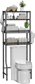 4-Tier Over The Toilet Storage, Bathroom Shelves with 6 Hooks, Metal Over Toilet Organizer with Adjustable Shelf and Basket, Freestanding Rack Space Saver for Bathroom, Laundry, Black