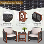 COSTWAY 3 Pieces Wicker Patio Furniture Set, Outdoor Wicker Sofa with Acacia Wood Frame, Coffee Table & Washable Cushions, Rattan Conversation Sets for Yard, Porch, Bistro, Balcony, Backyard, Beige