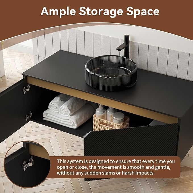 48 Inch Bathroom Vanity with Sink, Floating Fluted Vanity with Vessel Sink, Modern Wall Mounted Bathroom Vanity Cabinet with 2 Doors, Glass Vessel Sink & Sintered Stone Top, Black