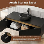 48 Inch Bathroom Vanity with Sink, Floating Fluted Vanity with Vessel Sink, Modern Wall Mounted Bathroom Vanity Cabinet with 2 Doors, Glass Vessel Sink & Sintered Stone Top, Black