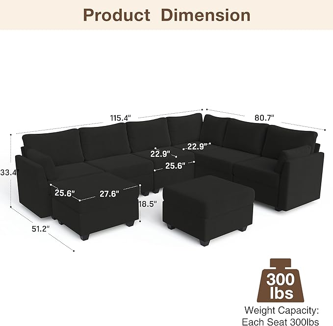 Modular Sectional Sofa Couches, Large Convertible Modular Couches with Storage, 8-Seater Sectional Sofa for Living Room, U Shaped Sectional Couch Sleeper Sofa with Chaise (Black, 8 Seats)