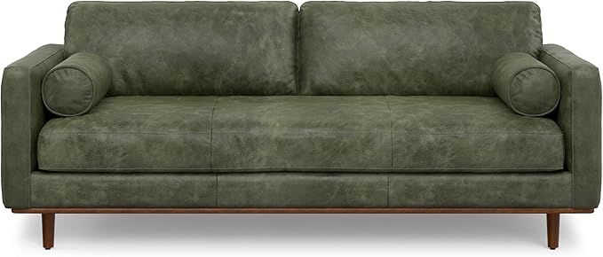 SIMPLIHOME Morrison 89-inch Wide Sofa in Moss Green Genuine Leather, Mid-Century Modern Design Couch for Living Room, Single Bench Cushion, 2 Back Cushions, 2 Bolster Pillows