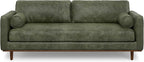 SIMPLIHOME Morrison 89-inch Wide Sofa in Moss Green Genuine Leather, Mid-Century Modern Design Couch for Living Room, Single Bench Cushion, 2 Back Cushions, 2 Bolster Pillows