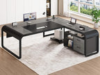 SEDETA 63 Inch Executive Desk, Large Office Desk with File Drawer, L Shaped Desk with Drawers, Computer Desk with Mobile CPU Stand, Storage Shelves, Power Outlets for Home Office, Gray