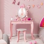 KOTEK Pink Kids Vanity Set, 2-in-1 Makeup Vanity Desk with Detachable Top & 360° Rotating Mirror, Stool and Drawer, Bow Pattern for Little Girls, Princess Dressing Table for Toddler 3-7