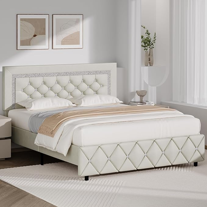 BarnFurin Queen Bed Frame with Diamond Tufted Headboard, Faux Leather Upholstered Bed with Wooden Slats Support, No Box Spring Needed, Mattress Foundation, Easy Assembly, Cream