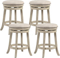 COSTWAY 360° Swivel Bar Stools Set of 4, 26.5-inch Height Upholstered Round Barstools with Wooden Frame, Seat and Footrest, Backless Solid Wood Counter Stools for Kitchen Island Bistro Pub, Beige