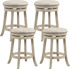 COSTWAY 360° Swivel Bar Stools Set of 4, 26.5-inch Height Upholstered Round Barstools with Wooden Frame, Seat and Footrest, Backless Solid Wood Counter Stools for Kitchen Island Bistro Pub, Beige