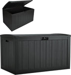 Suncast 134-Gal. Waterproof Resin Extra-Large Outdoor Patio Deck Box with Pad-Lockable Lid, Modern Outdoor Patio Bench/Storage Box for Cushions, Garden Tools, and More, Iron Ore