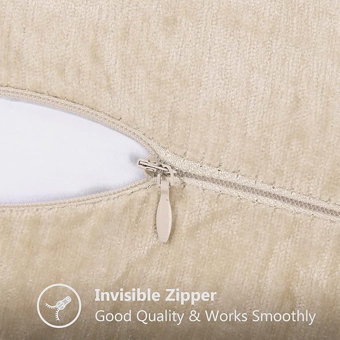 decorUhome Chenille Soft Throw Pillow Covers 22x22 Set of 2, Farmhouse Velvet Neutral Decorative Euro Pillow Covers with Stitched Edge for Couch Sofa Bed Home Decor, Beige