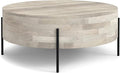 SIMPLIHOME Rayburn Drum Coffee Table - 38 inch Wide Solid Mango Wood Round Living Room Table in White Wash, Modern Urban Center Table for Family Room with Black Metal Legs and Large Surface