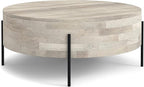 SIMPLIHOME Rayburn Drum Coffee Table - 38 inch Wide Solid Mango Wood Round Living Room Table in White Wash, Modern Urban Center Table for Family Room with Black Metal Legs and Large Surface