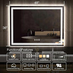 LED Mirror for Bathroom, 48x36 Inch Gradient Front and Backlit Bathroom Mirror, 3 Colors Dimmable CRI>90 Double Lights, IP54 Enhanced Anti-Fog, Hanging Plates Wall Mount LED Vanity Mirror