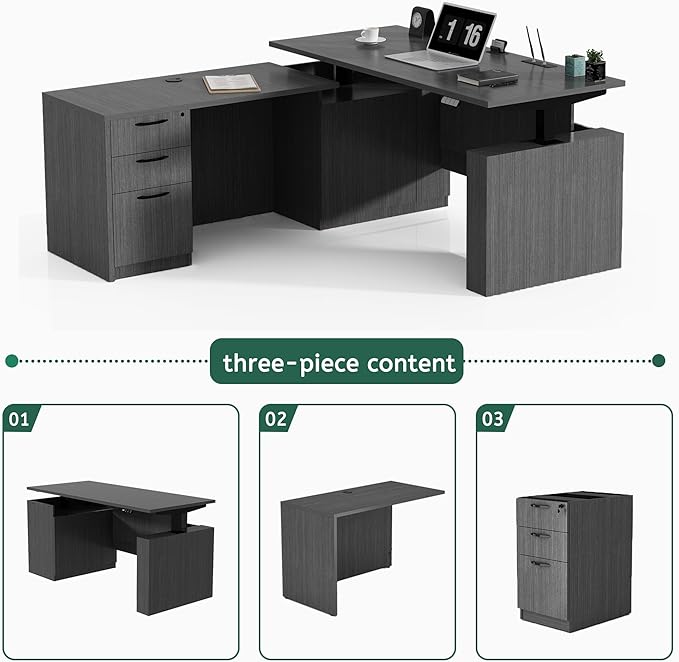 66.93'' Height Adjustable L-Shaped Executive Desk with Drawers and Shelves (Grey)