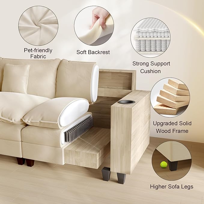 Cloud Couch, Modular Sectional Sofa with Ottoman, Charging Station, Throw Pillows, Cup Holders, Modern Convertible L Shaped Couches for Living Room, Bedroom (White, 80.7"- L Shape)