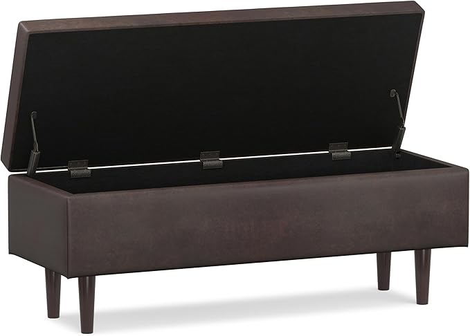 SIMPLIHOME Shay 48 inch Wide Mid Century Modern Rectangular Storage Ottoman in Distressed Chestnut Brown Vegan Faux Leather, Assembled, For the Living Room, Entryway and Family Room