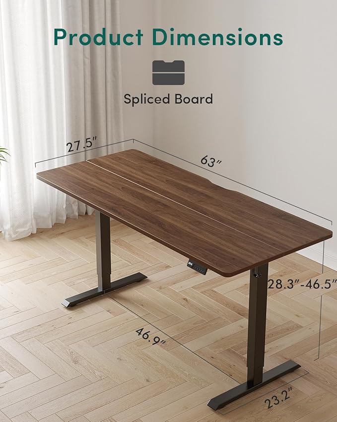 CubiCubi Height Adjustable Electric Standing Desk, 63 x 28 Inches Sit Stand up Desk, Large Memory Computer Home Office Desk with Two-Piece Desktop (Black Walnut)