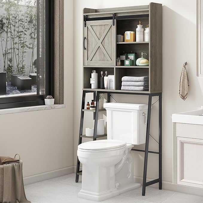 Over The Toilet Storage Cabinet, Farmhouse Storage Cabinet Over Toilet with Sliding Barn Door,Home Space-Saving Toilet Rack, for Bathroom, Restroom, Laundry, Grey