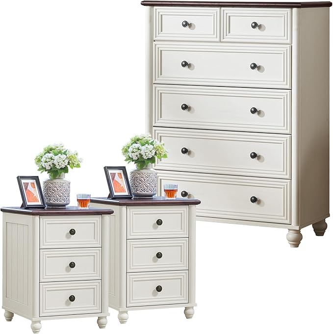 Farmhouse Dressers and Night Stand Set of 3, Wood 43.5'' Tall Dresser and 18'' Wide Chest of Drawers, Roman Column Nightstand Set of 2, Bedroom Furniture Dresser Suites for Living Room, Hallway, Home